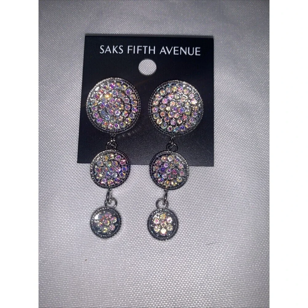 Saks Fifth Avenue Rhinestones Dangle Pierced 1.5" Earrings New - Picture 4 of 7